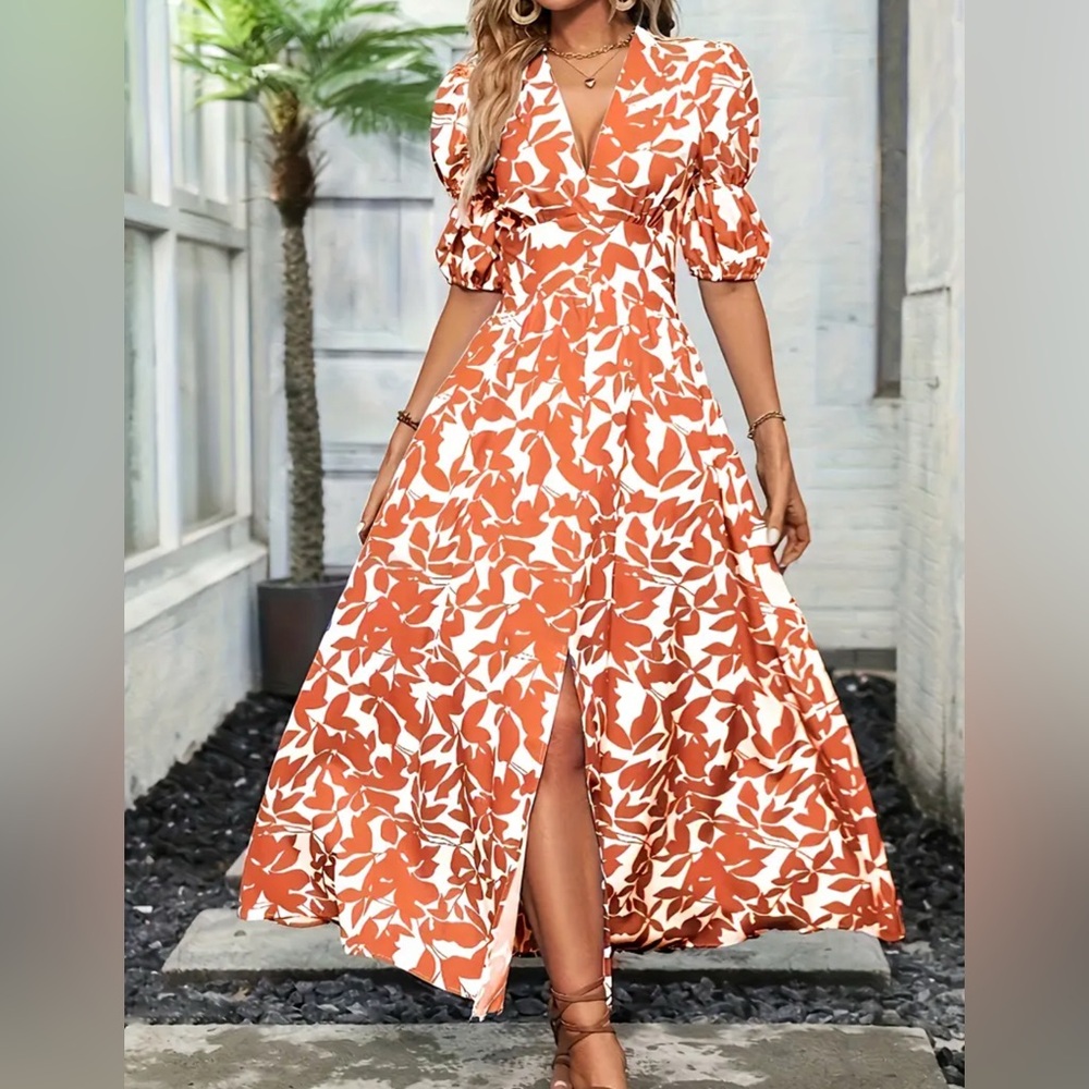 Elegant Orange and White Floral Maxi Dress